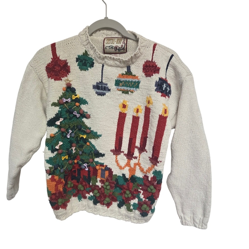 Vintage 90s Crystal Kobe Christmas Tree Candle Candelabra Ugly Sweater Women's S